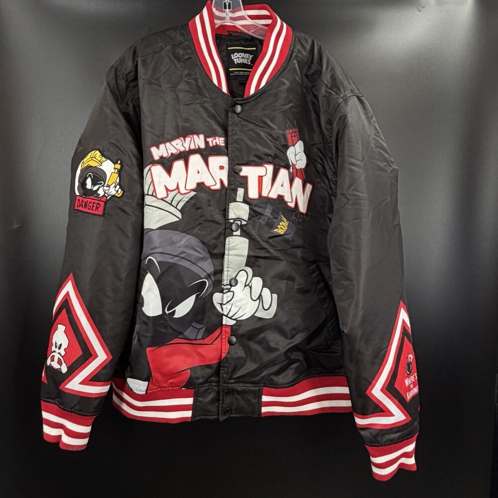 RARE Marvin The Martian Satin Bomber Letterman Jacket Looney Tunes Black & Red